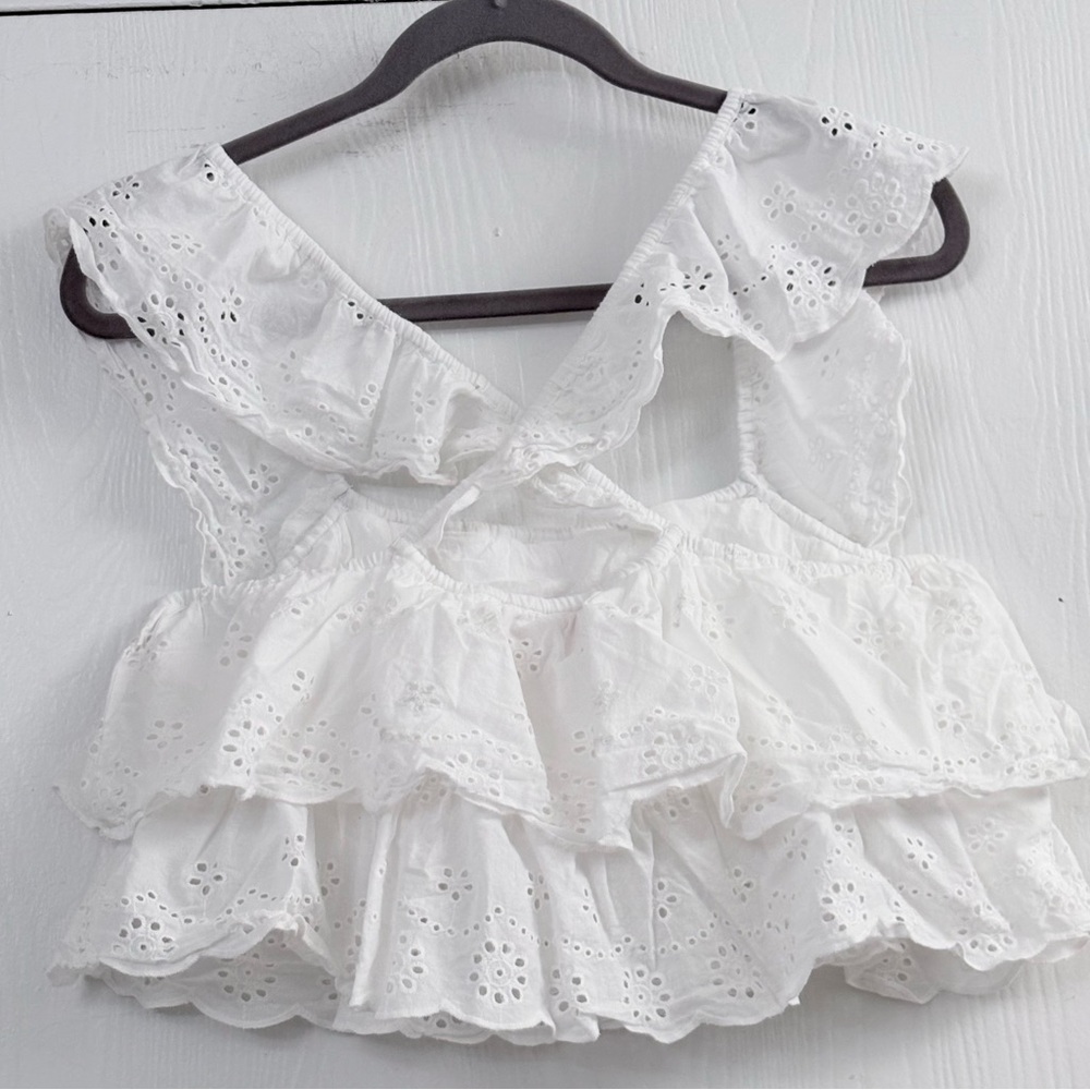 Show Me Your Mumu Girly Top White Eyelet Ruffle Crop Cami Size Medium - Picture 5 of 11